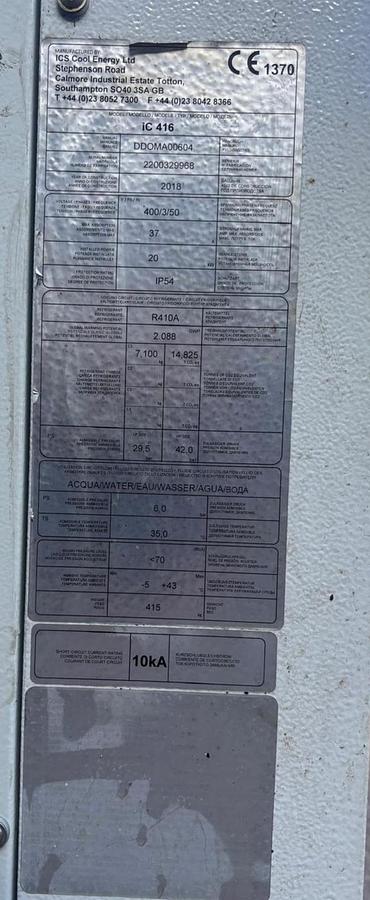 Used ICS iC416 Package Water Chiller Year 2018 