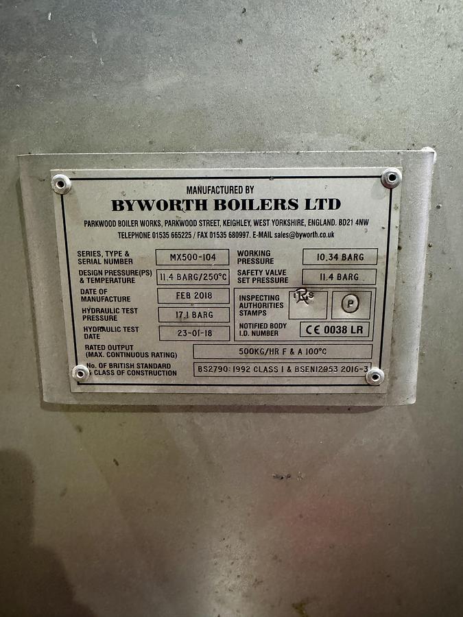 Used Byworth Steam Boiler  500 kg/hr  Year 2018