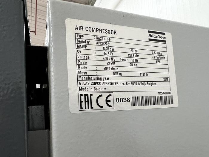 Used Atlas Copco GA22 + FF Screw AIR Compressor