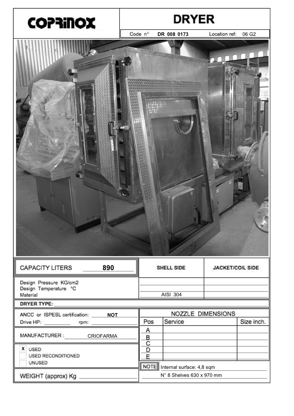 Usato Liofilizzatore CRIOFARMA 890 litri