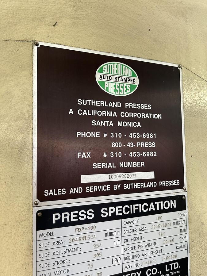 Used 440 ton Sutherland 120"x60 SSDC Stamping Press