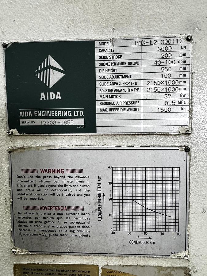 Used 300 ton AIDA PMX 84"x40" SSDC Stamping Press