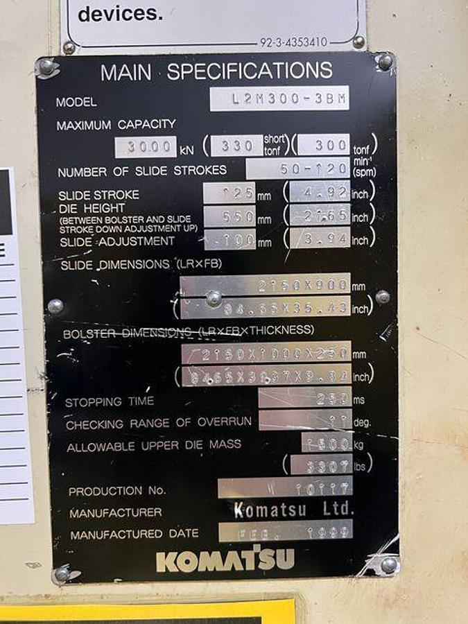 Used 330 ton Komatsu 84.65"x39.37" SSDC "Link-Drive" Stamping Press