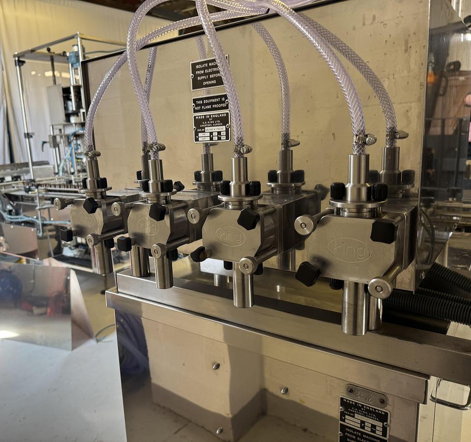 Used King KT320-4 filling line – all S/S and Pharma grade – incl. King CS60 Pick and Place Capper + Harland Sirius MK5 labeler – can work with dropper bottles (drops)