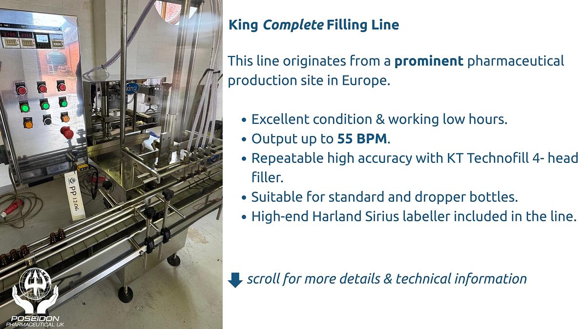 Used King KT320-4 filling line – all S/S and Pharma grade – incl. King CS60 Pick and Place Capper + Harland Sirius MK5 labeler – can work with dropper bottles (drops)