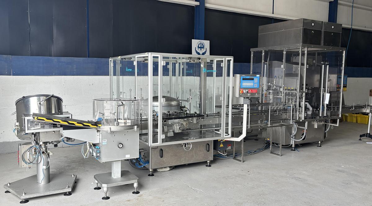 Used Groninger KFVG 201 Filling and Capping Line (spray, pump, over cap, screw and push on)