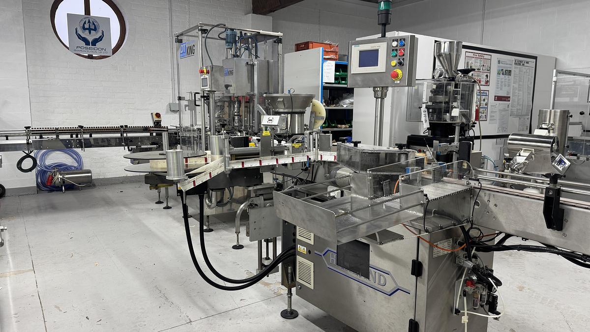 Used King KT320/4 Technofill Pharma Grade Filling Line, incl. Harland Sirius labeller