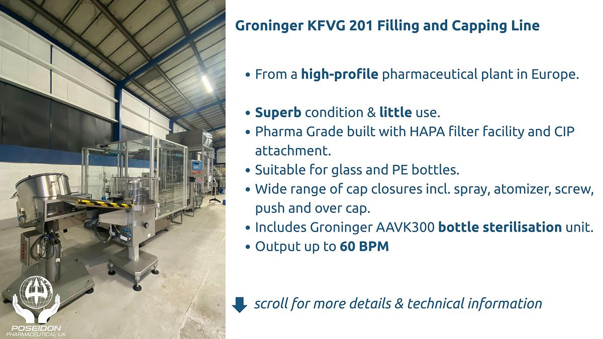 Used Groninger KFVG 201 Filling and Capping Line (spray, pump, over cap, screw and push on)