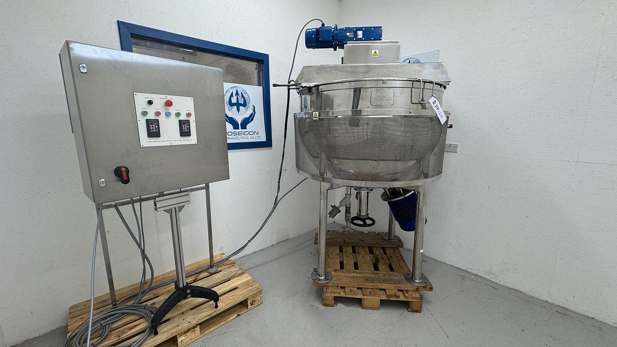 Used Giusti 500 Litre Jacketed Hemispherical Stainless Steel Anchor Paddle Mixer with Bottom Mounted High Shear Mixer