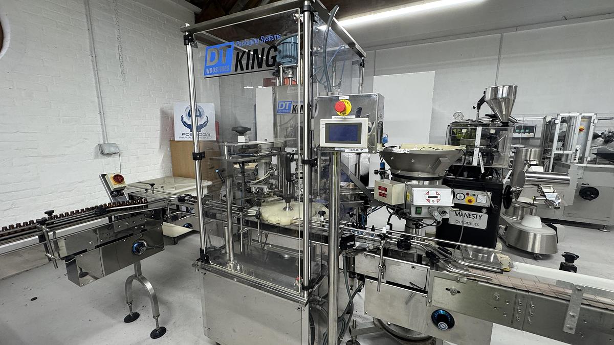 Used King KT320/4 Technofill Pharma Grade Filling Line, incl. Harland Sirius labeller