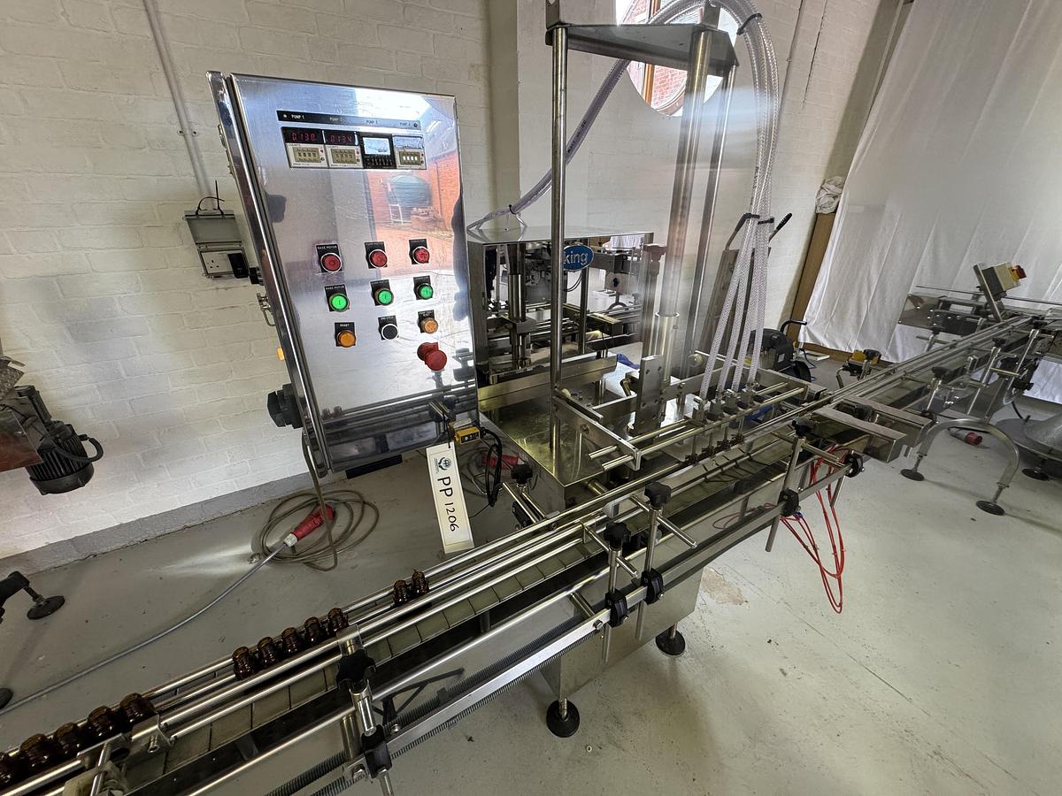Used King KT320-4 filling line – all S/S and Pharma grade – incl. King CS60 Pick and Place Capper + Harland Sirius MK5 labeler – can work with dropper bottles (drops)