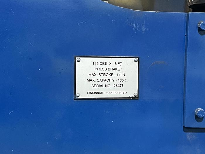 Used 2001 CINCINATTI 135 TON PRESS BRAKE WITH PROGRAMABLE BACK GAUGE (MODEL: 135 CBIIx8FT)
