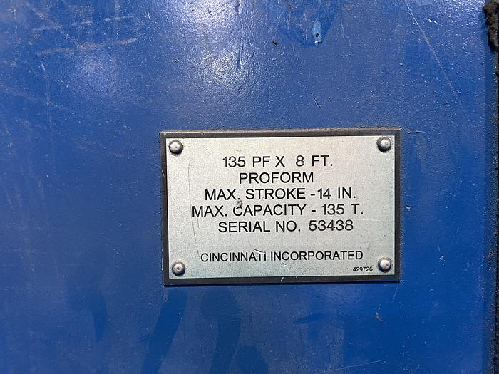 Used 2006 CINCINATTI 135 TON 10' PRESS BRAKE WITH PROGRAMABLE BACK GAUGE (MODEL: 135 PF x 8FT)