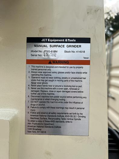 Used JET 6" X 18" MANUAL SURFACE GRINDER WITH MAGNET