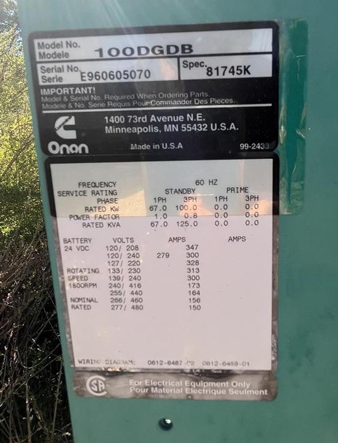Used 1996 ONAN Gen Set 100 DGDB