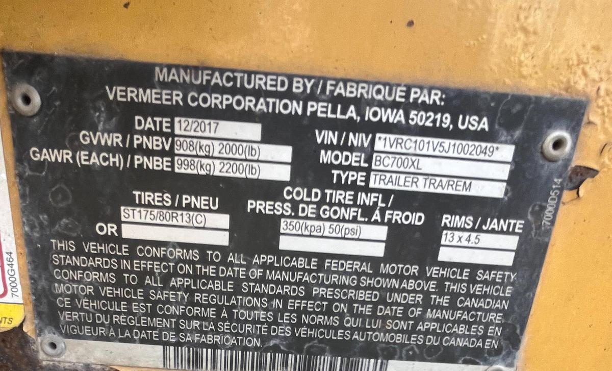 Used 2017 VERMEER BC700XL