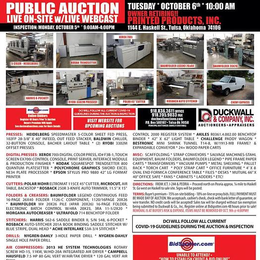 Used Tuesday, October 6, 2020, 10:00 AM (ET), Printed Products, Inc.