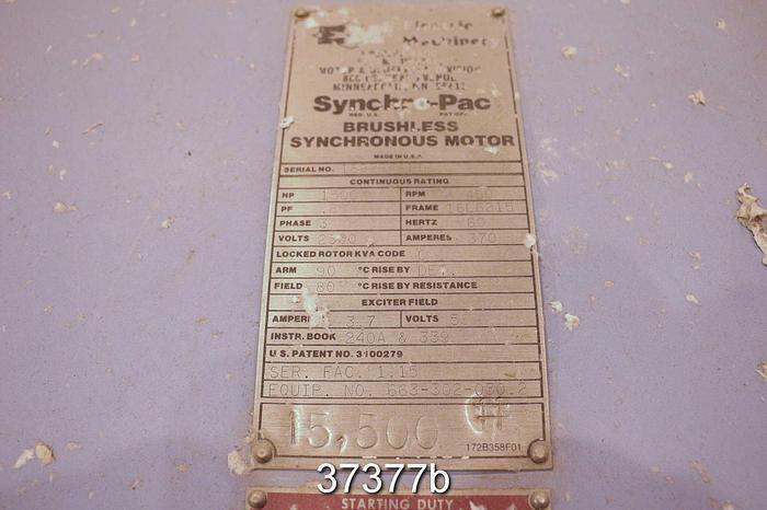 Used Electric Machinery Synchro-Pac 1500 Hp Synchonous Motor, 450 Rpm, 2300 Volts #37377