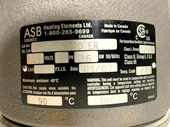 Used ASB PFI-29520 ER Heating Element w/ Stainless Steel Enclosure