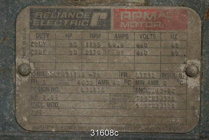 Used Reliance L0410A Electric 50 Hp AC Motor, 1185-2370 RPM #31608