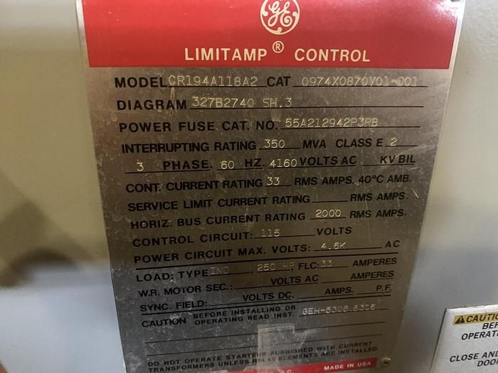 Used GENERAL ELECTRIC LIMITAMP CR194A118A2 300 HP CONTROLLER W/ DRAW-OUT AIR-BREAK CONTACTOR  THREE UNITS