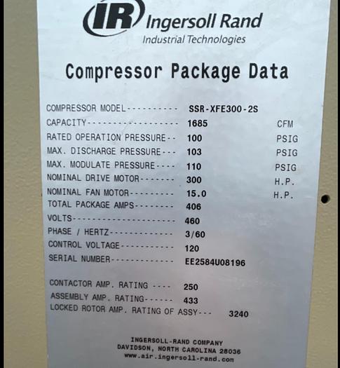 Used 300 HP INGERSOLL RAND MODEL SSR-XFE300-2S SCREW COMPRESSOR NEW NEVER USED