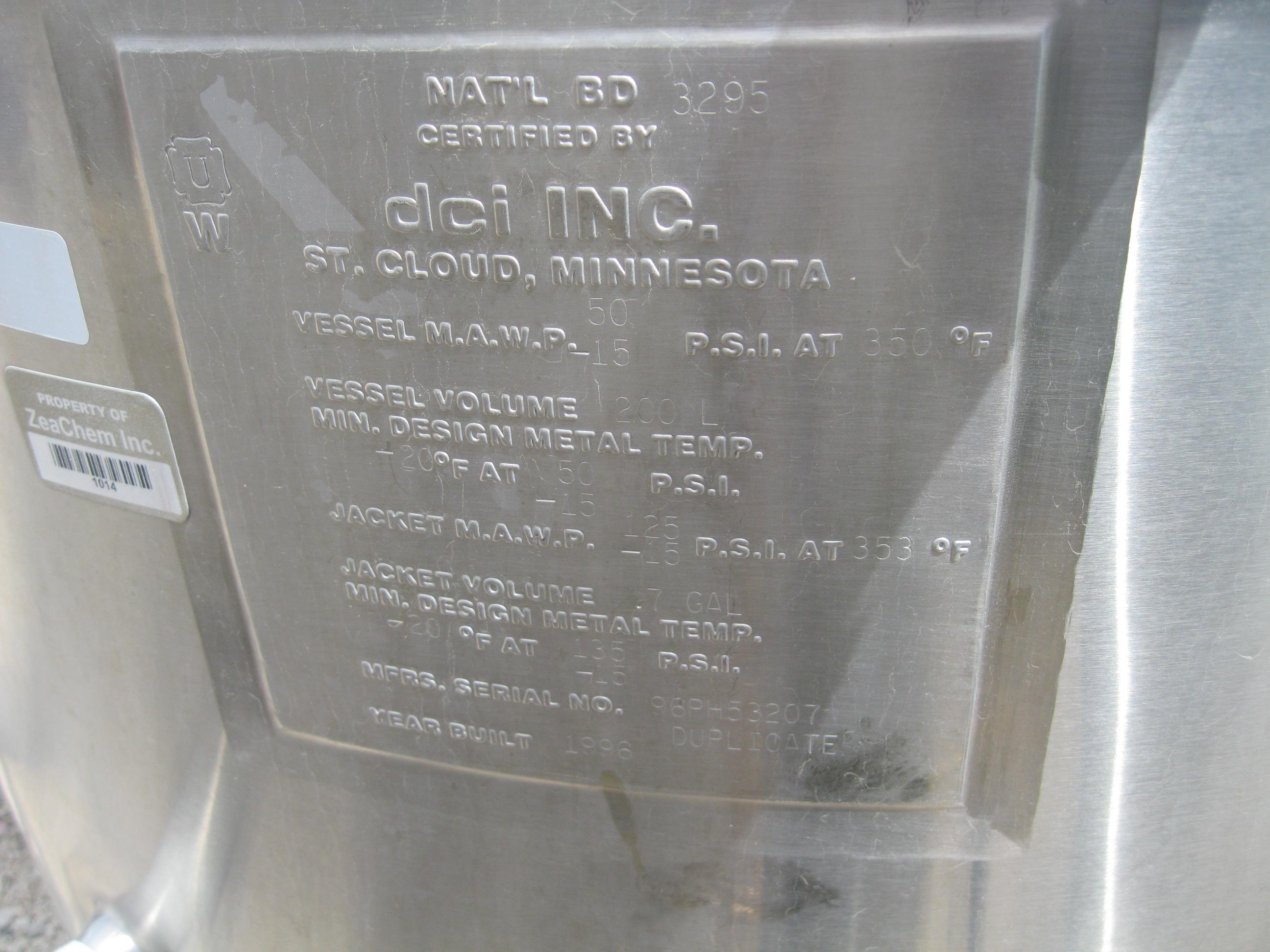 Used 53 GALLON PROCESSOR TANK. DCI SERIAL 96PH53207