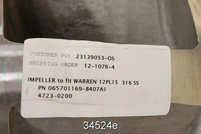 Used Warren 12PL15 Impeller, 6-Vane, 15" Diameter, Stainless Steel #34524