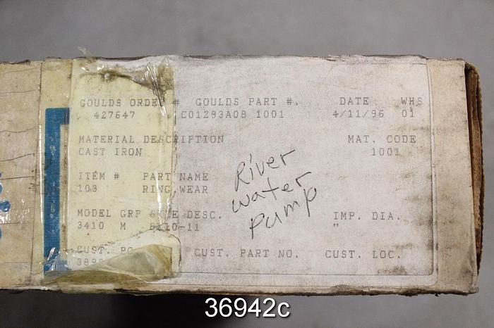 Unused Goulds 3410 8x10x11 Impeller Wear Ring, CO1293A08 1001, Item No. 103 #36942