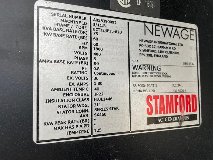 Used 60 KW Field Run Stamford Newage Dual Fuel Genset w/GM 5.7L Driver