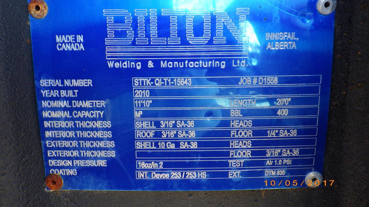 Used 400 BBL Double Wall Unskidded, EnviroVaullt Heated, Insulated & Internally Coated Tank