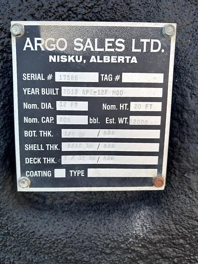 400 BBL Single Wall Internally Coated Tank