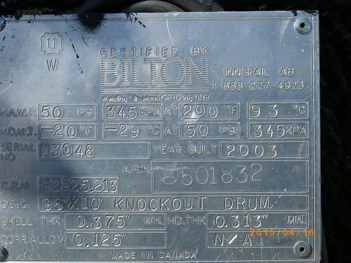 Used 100 BBL 50 PSI 96" x 10' Sour Flare KO