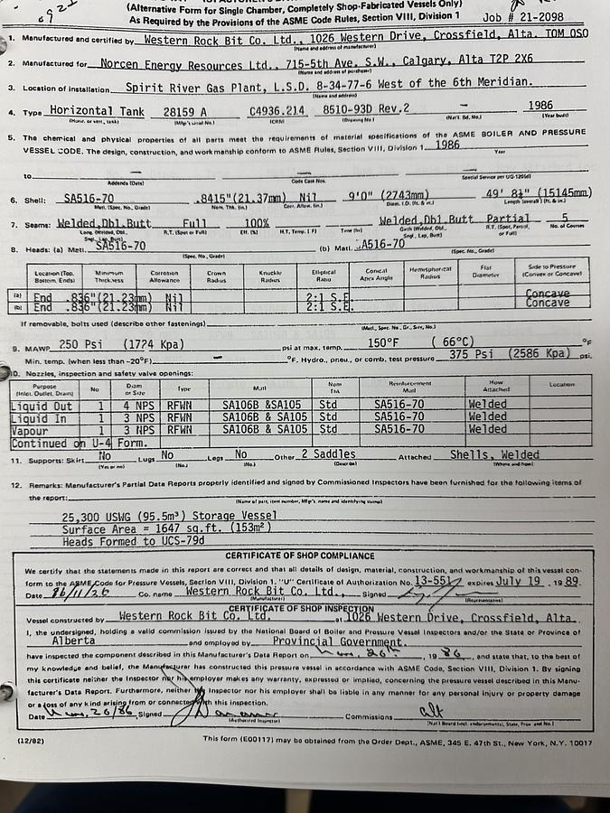 Used 25,300 USG 250 PSI Bullet