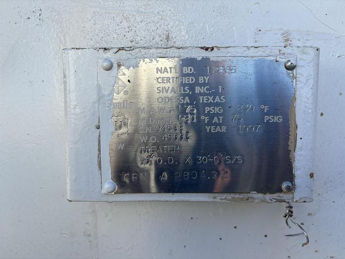 Used 8' x 30' Horizontal 75 PSI Sivalls Treater