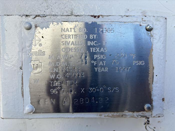 Used 8' x 30' Horizontal 75 PSI Sivalls Treater