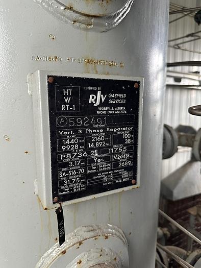 Used 30" 1440 PSI Vertical Sour Separator Package w/Integral 400 BBL Tank