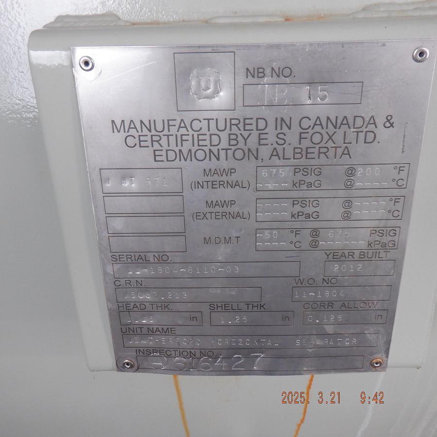 Used 60" x 10' 675 PSI Sour Low Temp Separator Package #16235