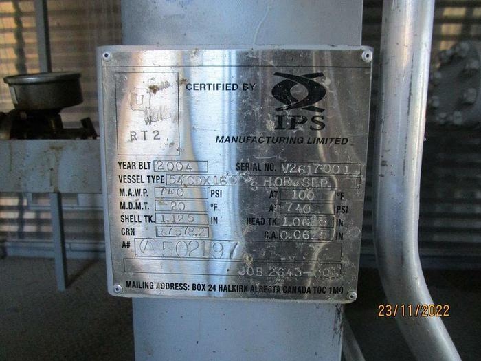 Used 54" x 16' 720 PSI Horizontal Sweet Separator c/w Blow Case