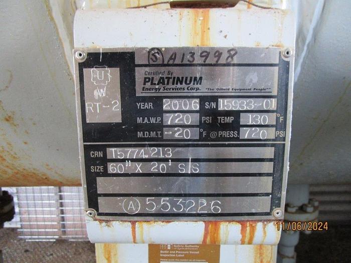 Used 60" x 20' 720 PSI Separator Package