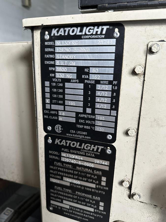 Used Dual 130 KW Katolight Generators with GM 8.1 L Natural Gas Engines