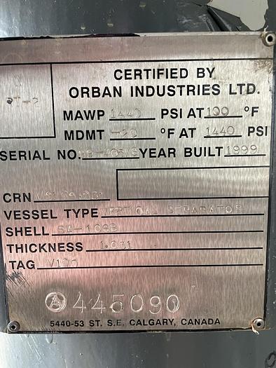 Used 16" 1440 PSI Vertical Separator Package w/Integral 100 Bbl Double Wall Fiberglass Tank