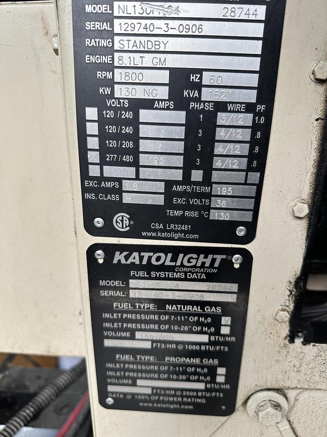 Used Dual 130 KW Katolight Generators with GM 8.1 L Natural Gas Engines