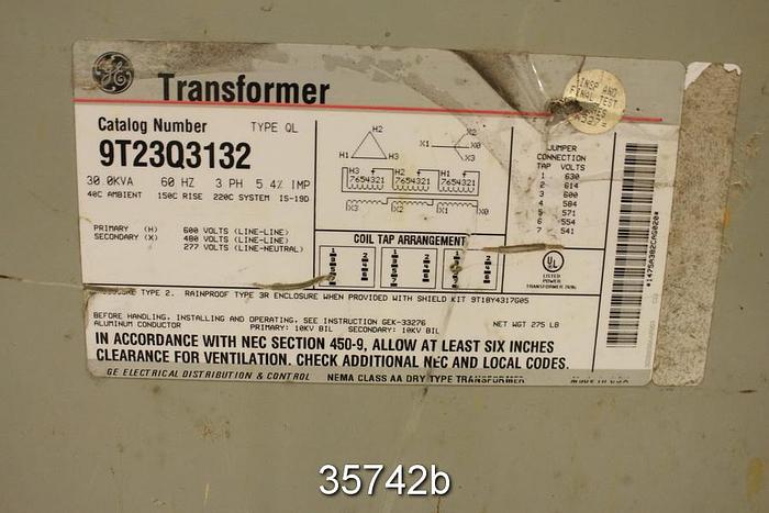 Used General Electric 9T23Q3132 30 Kva Transformer #35742