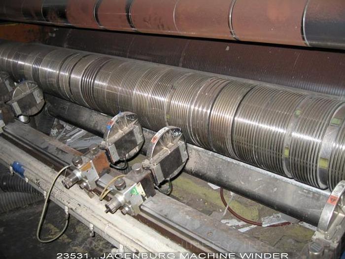 Used Jagenberg 45-21 Machine Winder, 24"X128" Drums, Regenerative Brake, Dual Drum Drives With 100Hp, 500V, Dc Drives, Falk 2070Y1B Gear Boxes, Shaftless Rewind, 84" Max Rewind Diameter #23531