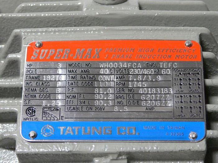 Used Tatung WH0034FCA 3HP Premium High Efficiency 3 Phase Induction Motor