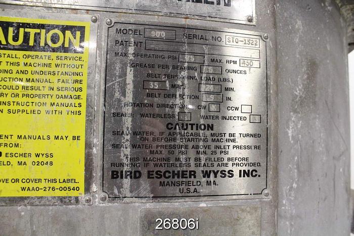Used Bird Escher Wyss 900 Bird Escher Wyss 900 Thick Stock Pressure Screen, 316 Stainless Steel, Basket Slot Size 0.010", Mechanical Seal, 427 Rpm, Lobed Rotor #26806