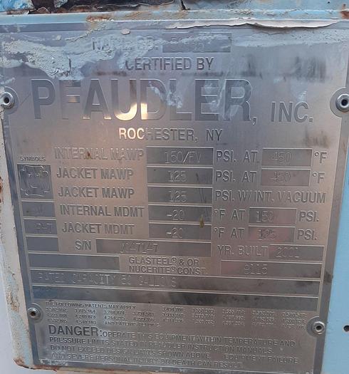 Used Reactor, 45 Gallon, G/L, 150 PSI, Jkt, Pfaudler, #S738230