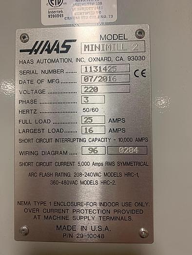 Used 2016 HAAS  MINI MILL 2, BARELY USED, NEVER USED PROBE, RIGID TAPPING