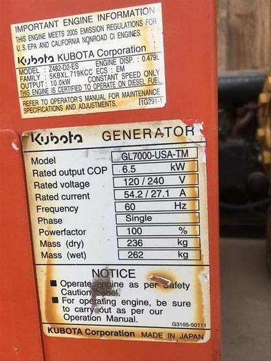 Used 0 Kubota GL7000-USA-TM 6.5 kW 60 Hz Single Phase Generator